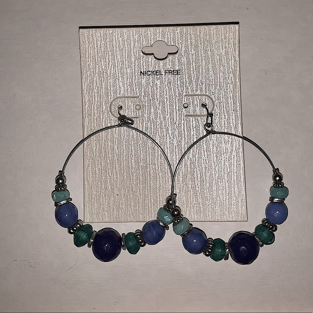 Blue beaded, silver hoop earrings